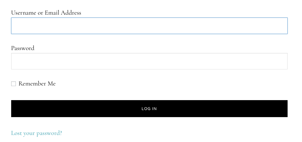 This screenshot shows the standard login form on the front end of a WordPress website.