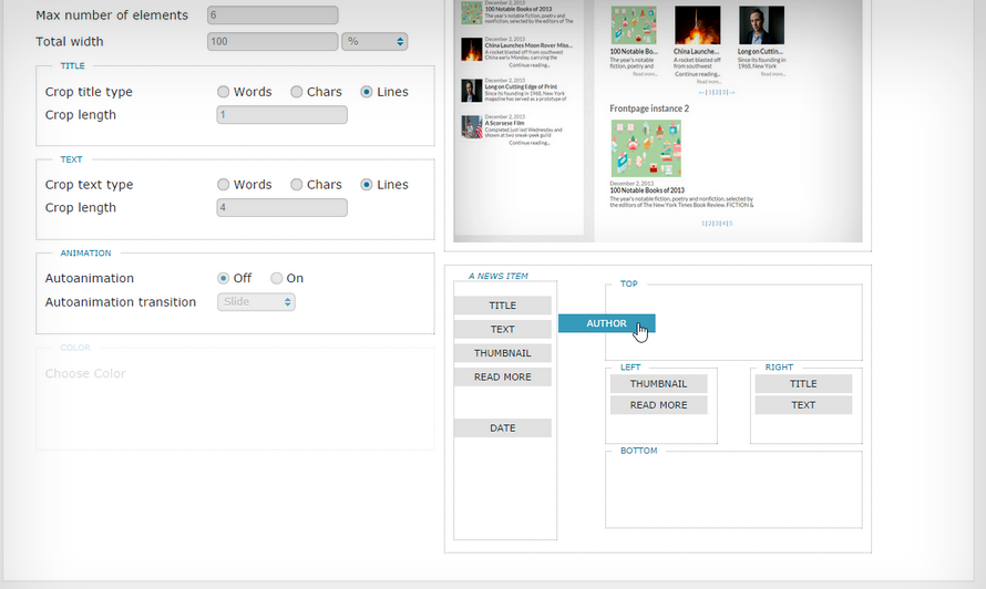 Admin display and theme selection for each news block, drag'n drop content
