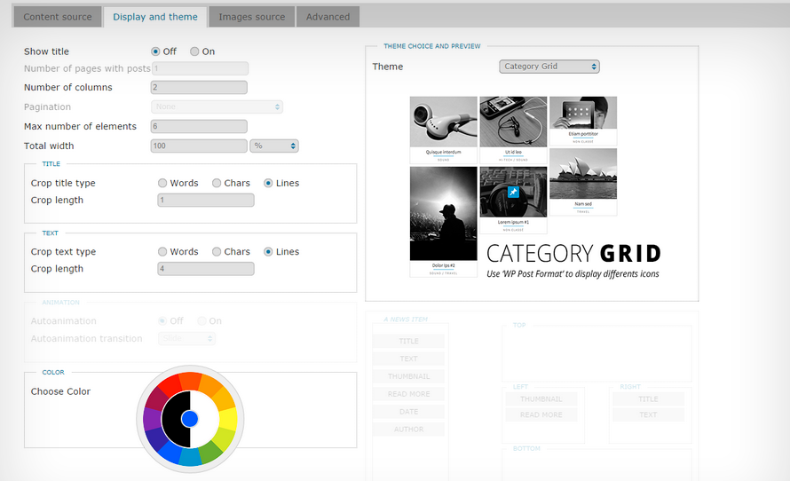Category grid theme based on masonry and with color chooser