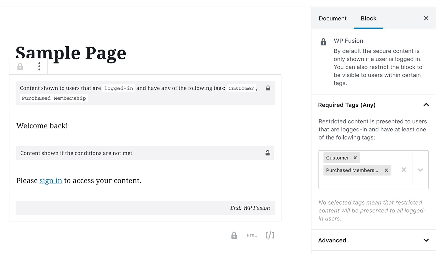 Use the Gutenberg block to show and hide content within a page based on a contact's CRM tags