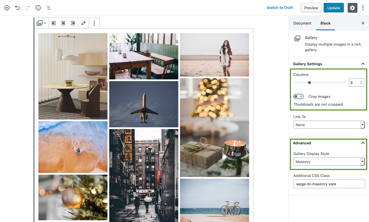 Display Masonry layout using native image Gallery block
