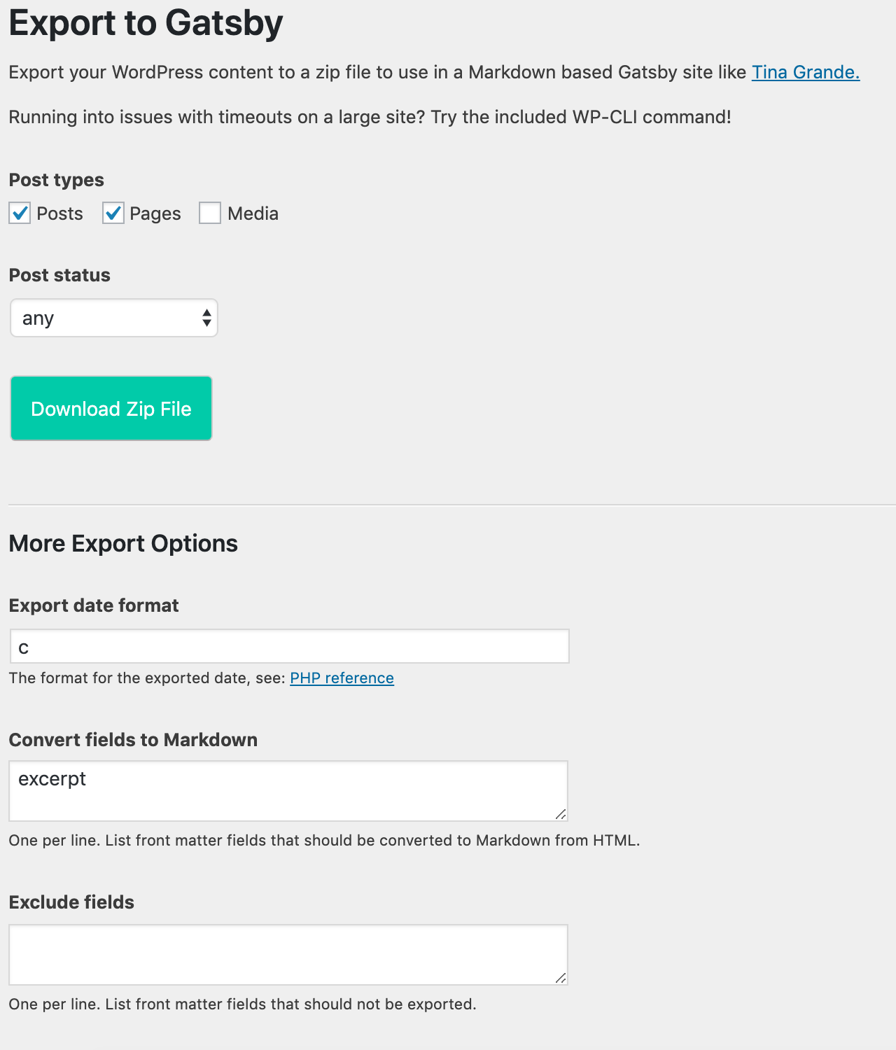 The export options form allows for customization of the exported Zip file.