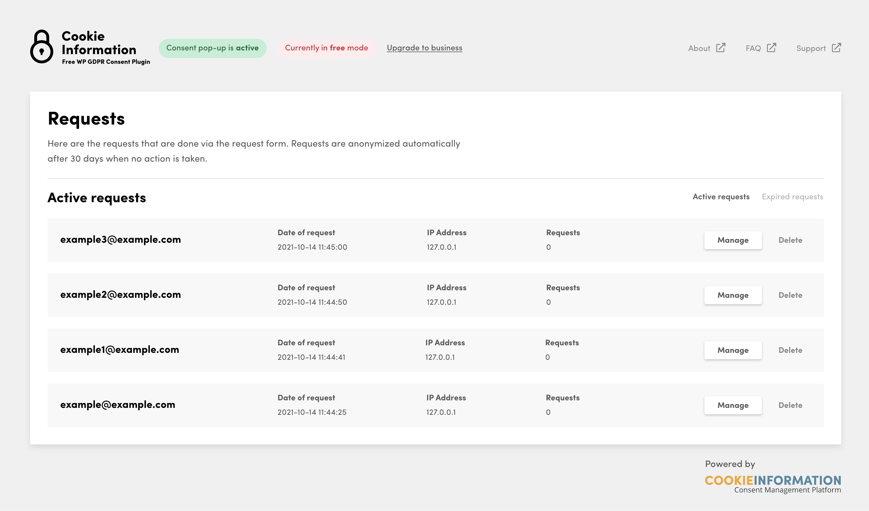 Overview of the view and delete requests by your site's visitors.