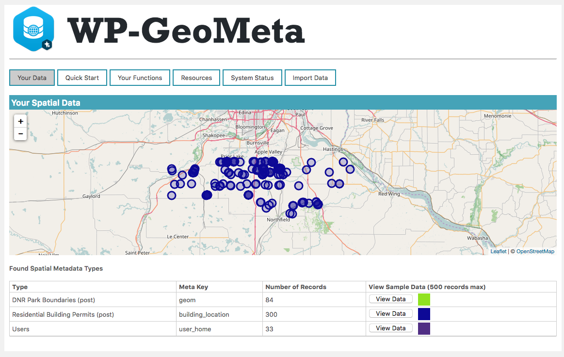 WP GeoMeta showing a sample of spatial metadata