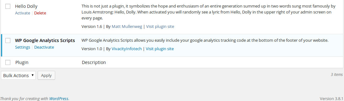 WP Google Analytics Scripts plugin appears after activation in Plugin section  .