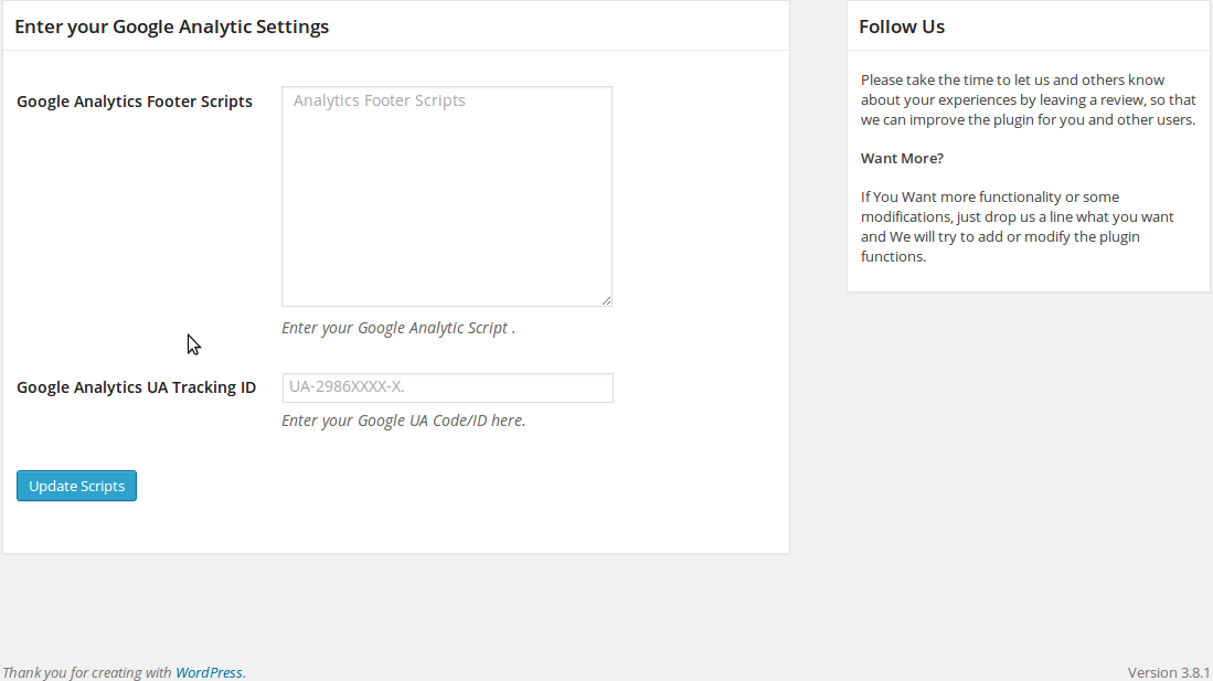 WP Google Analytics Scripts settings page in the admin backend .