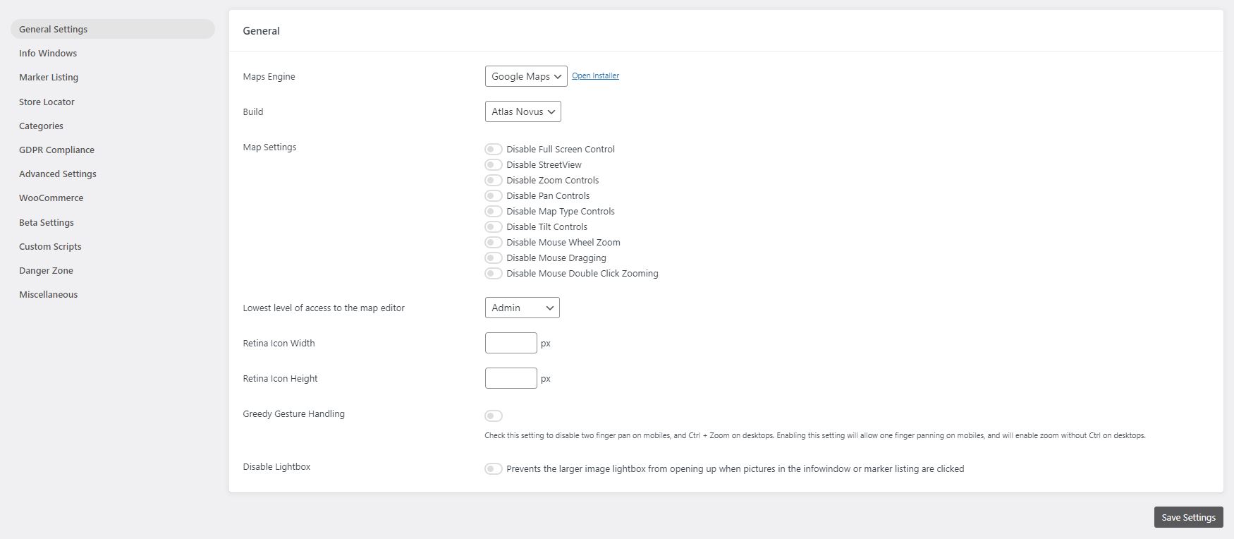 WP Go Maps Lite version: Store Locator Settings