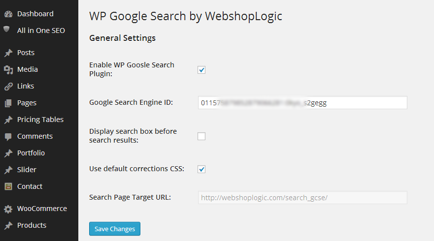 Enter search engine ID into plugin admin panel