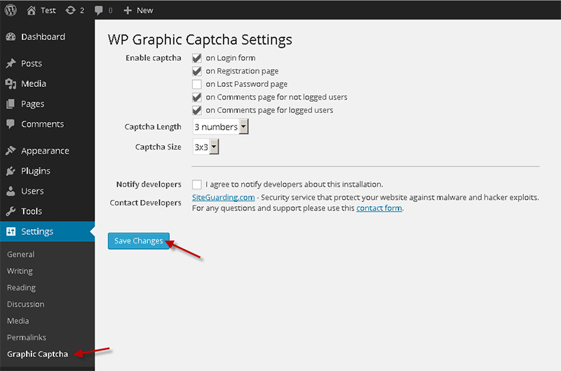 WP Graphic Captcha Settings page.