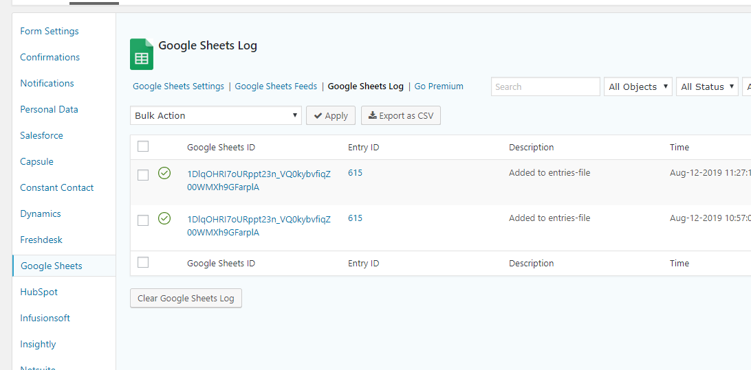 Gravity Forms Google Sheets logs.