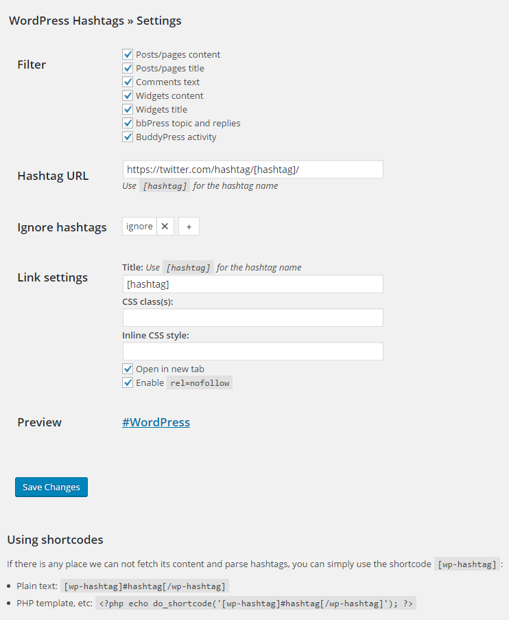 Admin settings page