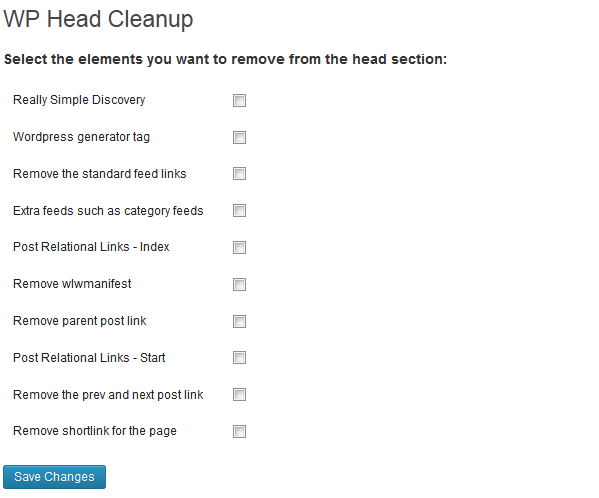 WP Head Cleanup Admin Screen