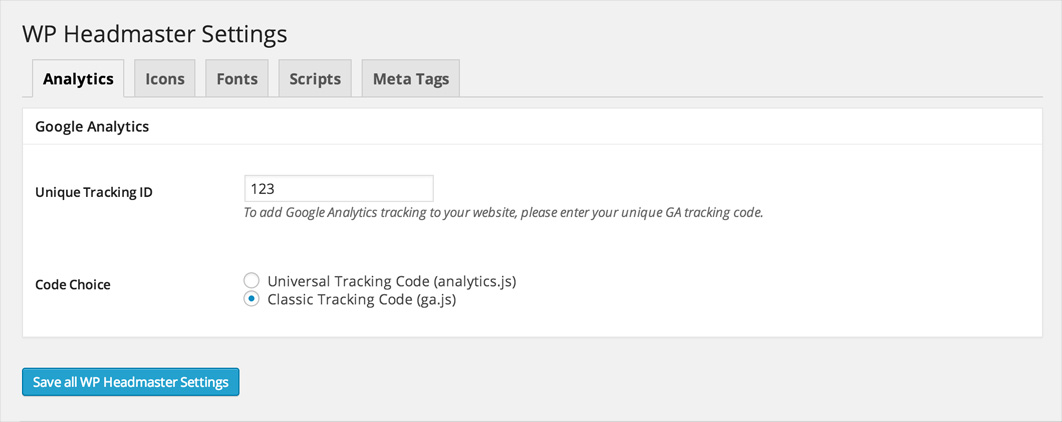The first tab 'Analytics' where you can easily integrate either Classic or Universal Analytics.