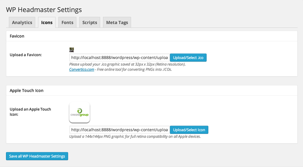The second 'Icons' tab where you can upload and specify your site's Favicon and Apple Touch Icon.
