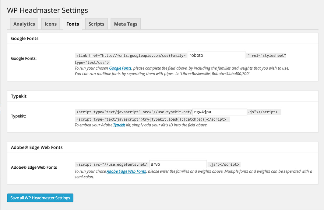 The 'Fonts' tab allows you to import fonts from Google Fonts, Typekit and Adobe Edge Webfonts.