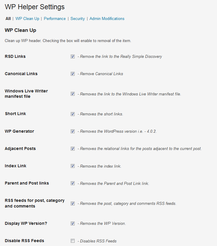 This is the WordPress Helper Master Options Page.