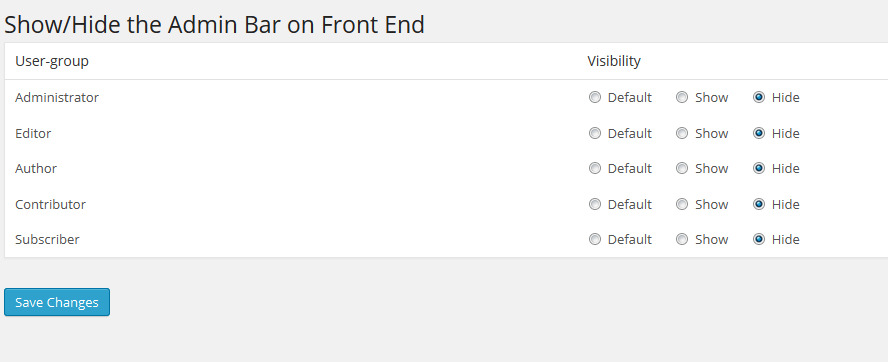 **Backend** - (Settings >> WP Hide Admin Bar)