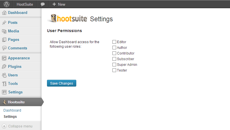 Screenshot shows the "WP HootSuite Dashboard Settings" for user permissions.