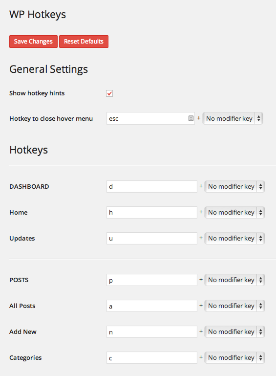 WP Hotkeys settings page