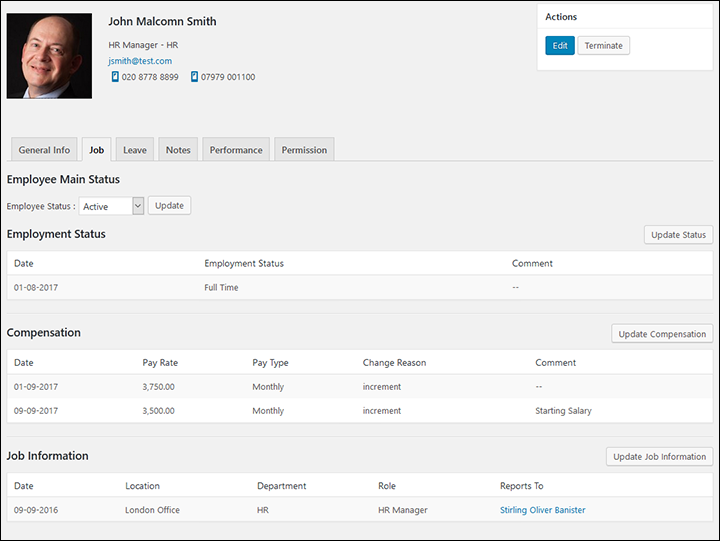 Add information about employment status, compensation role, work location and reporting lines