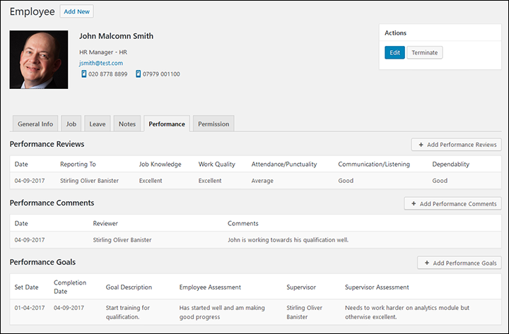 Create performance reviews, rate employee by key criteria, track manager comments and set goals.