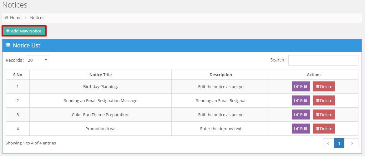Added notices will be displayed on the user dashboard area.