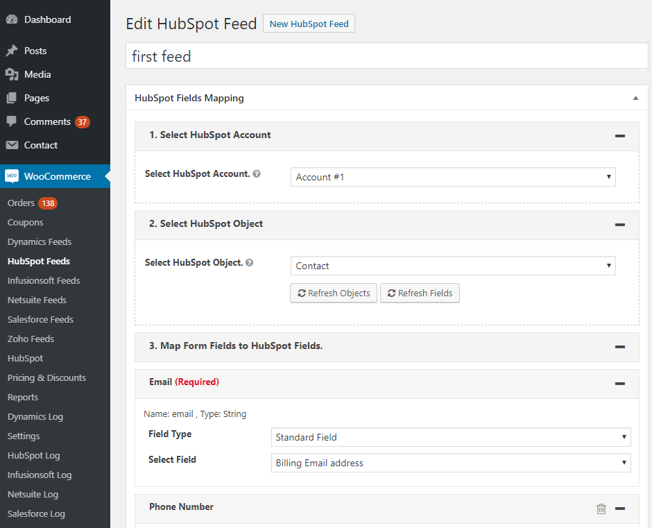 Map HubSpot Fields to WooCommerce Order fields.