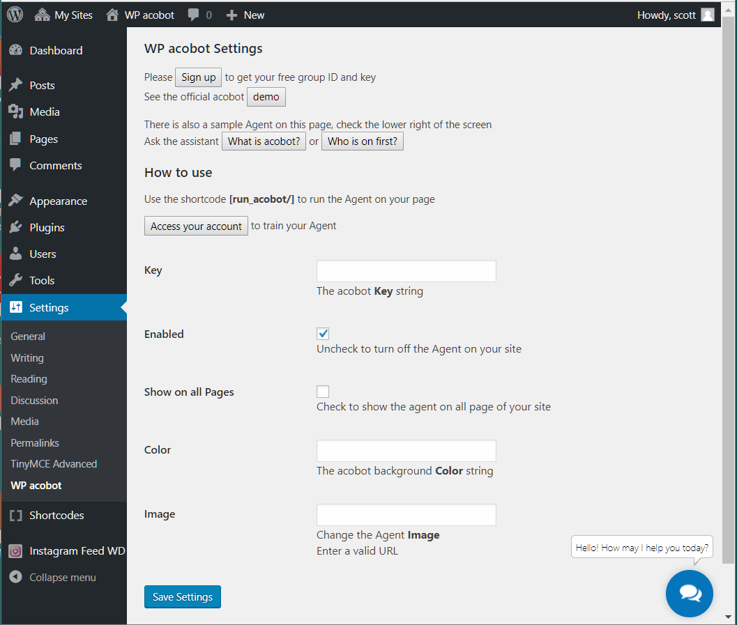 The settings screen. This is where you enter the acobot Key. The admin screen also has a live demo of the Agent.