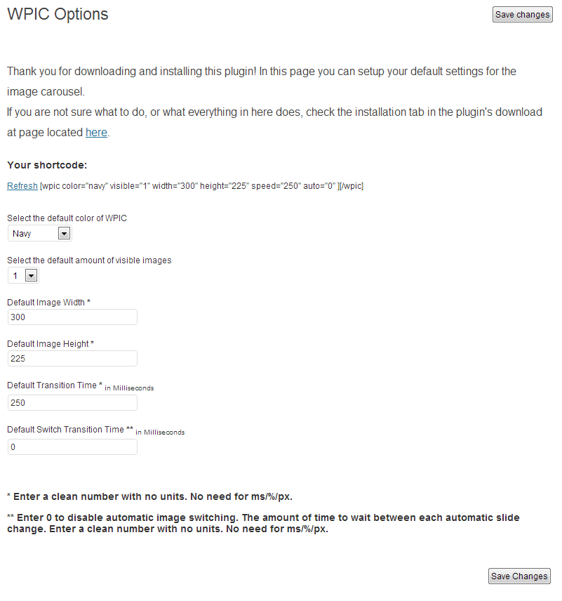 The default settings options panel.