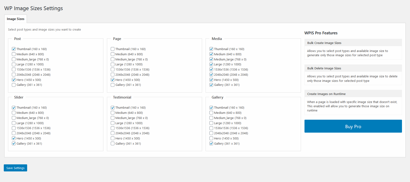 Assignment of image sizes to post types