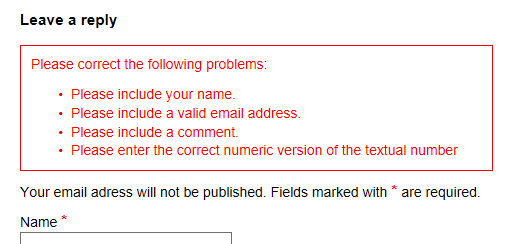 Screen shot of the 'out of the box' comment error display for the WP Inline Comment Errors plug-in.