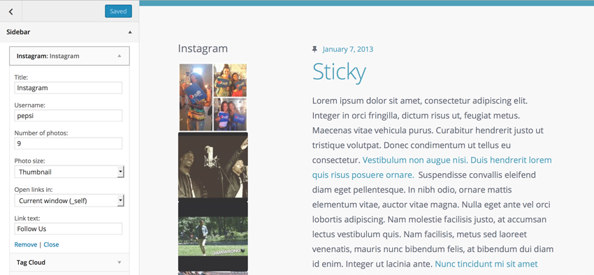 Instagram widget on the front end
