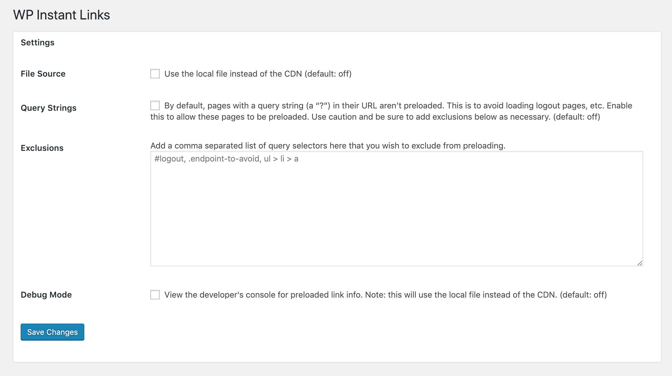 Convenient settings area to debug links, exclude links and override other settings.