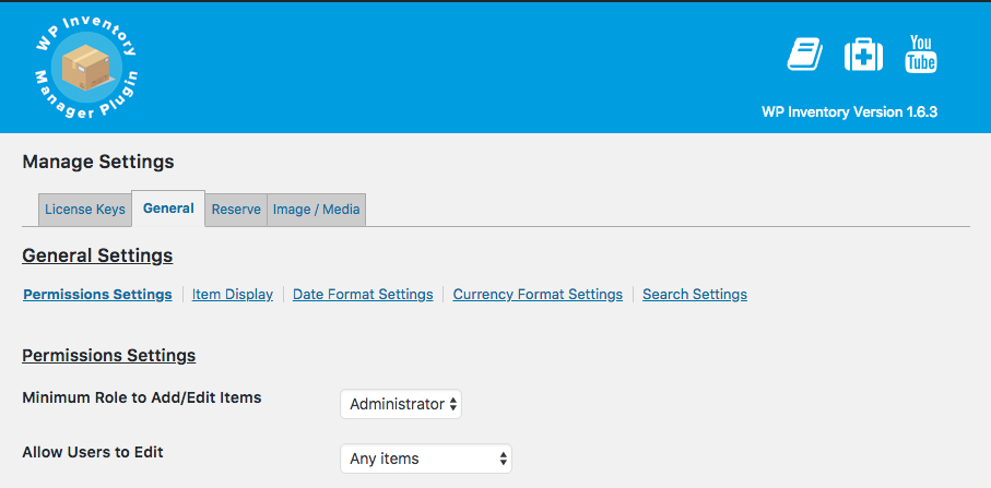 Settings page tabs.  Navigate this section to properly configure your WP Inventory Manager.