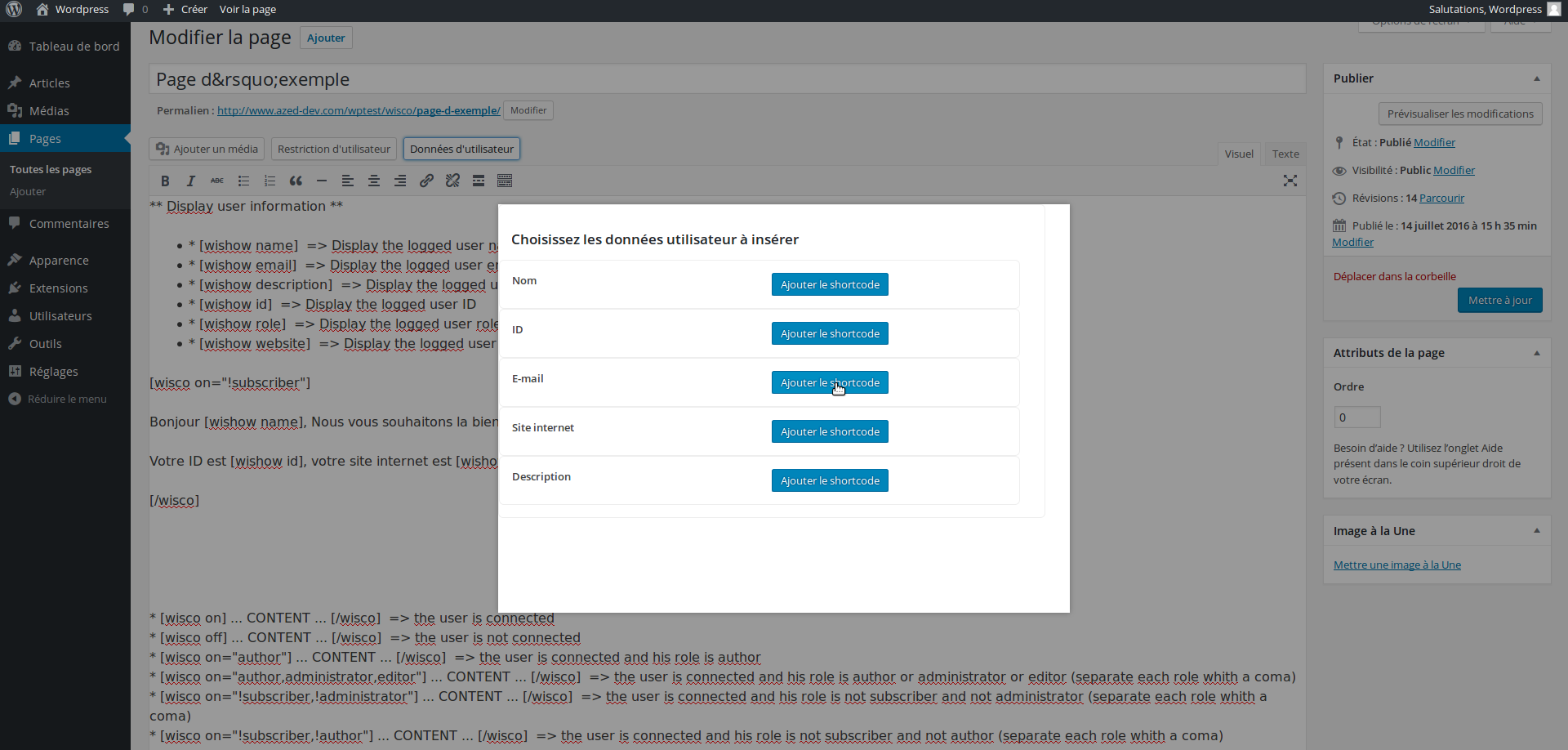 User datas selection