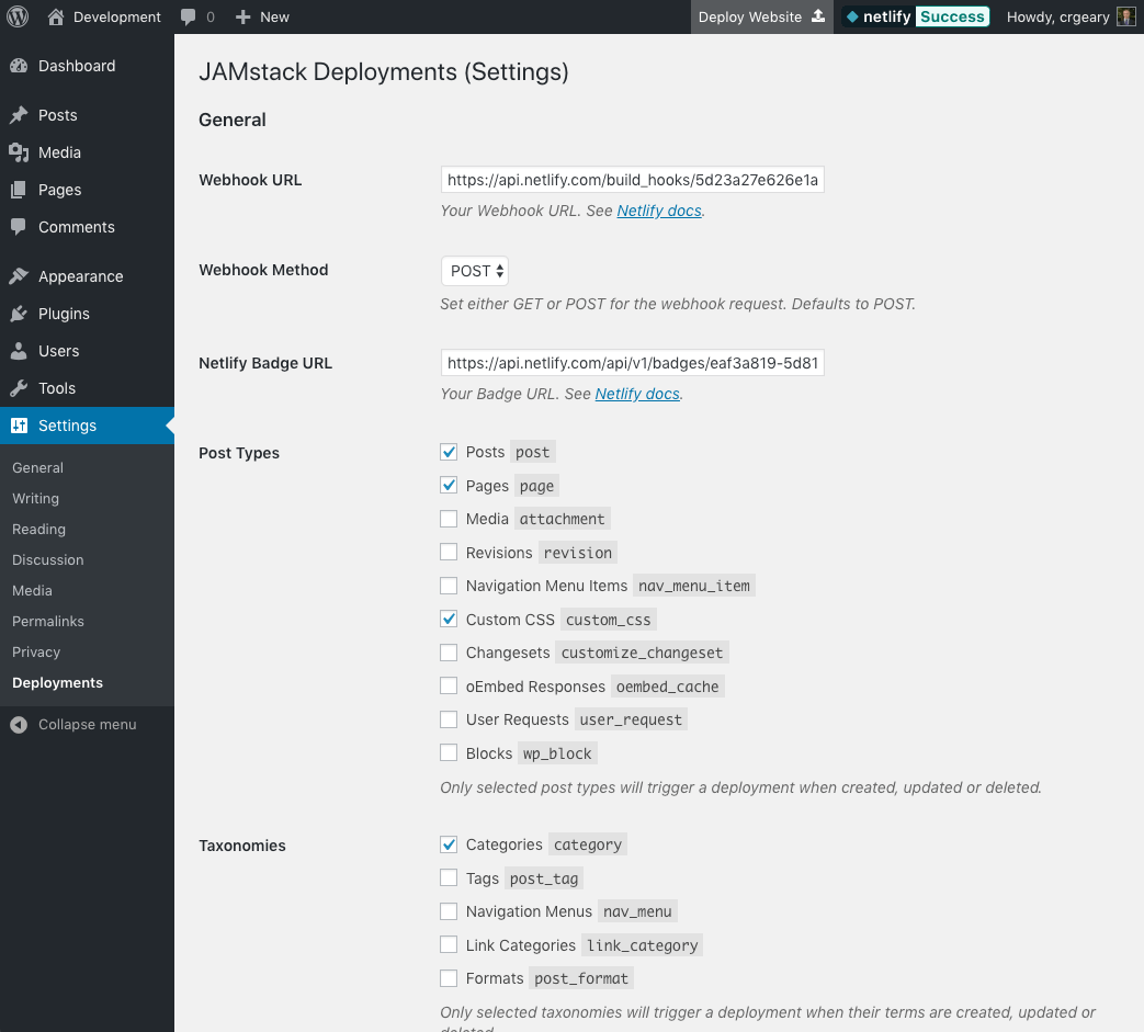 Admin settings on the Settings -> Deployments screen