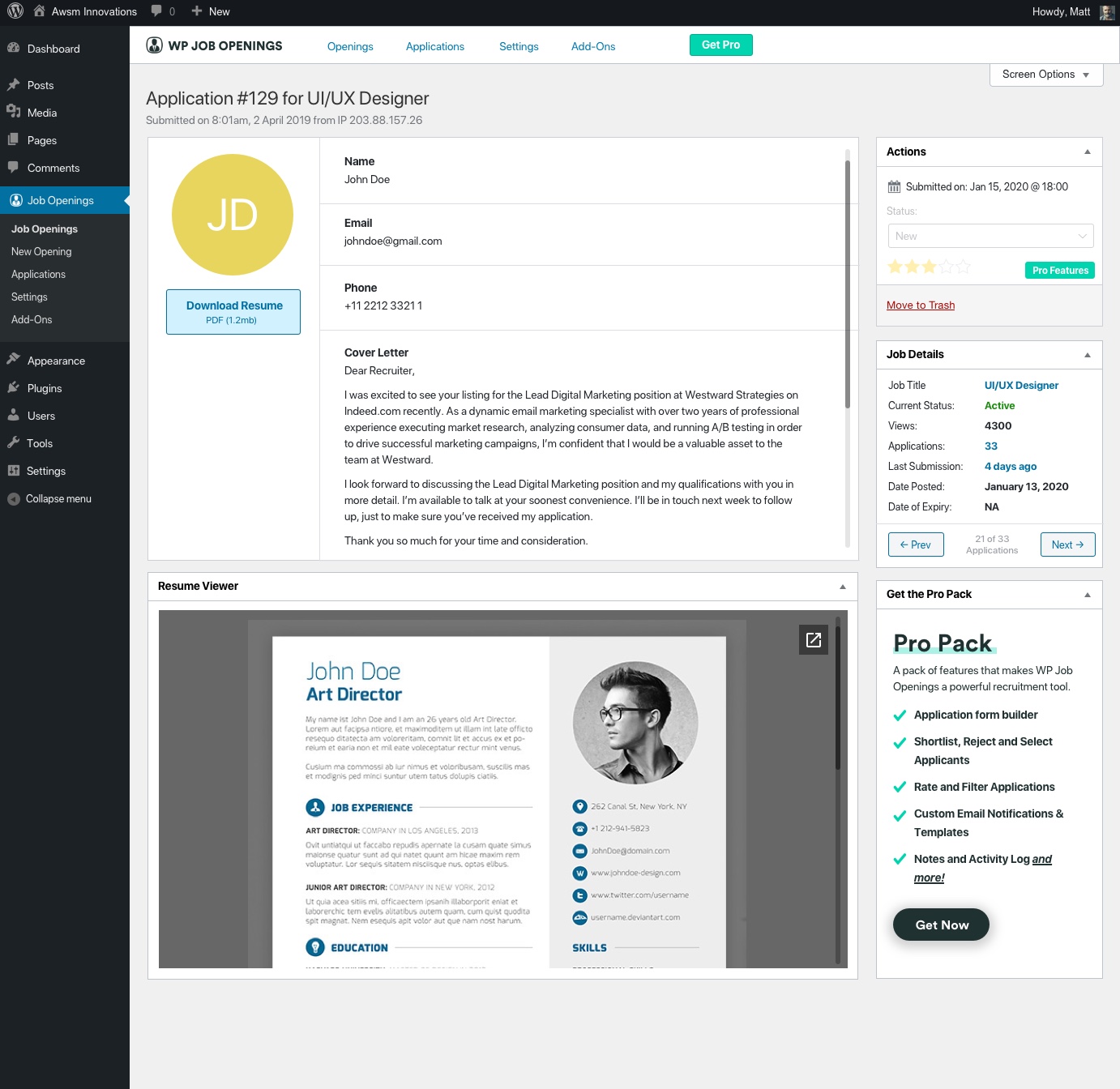 Job Specifications Settings
