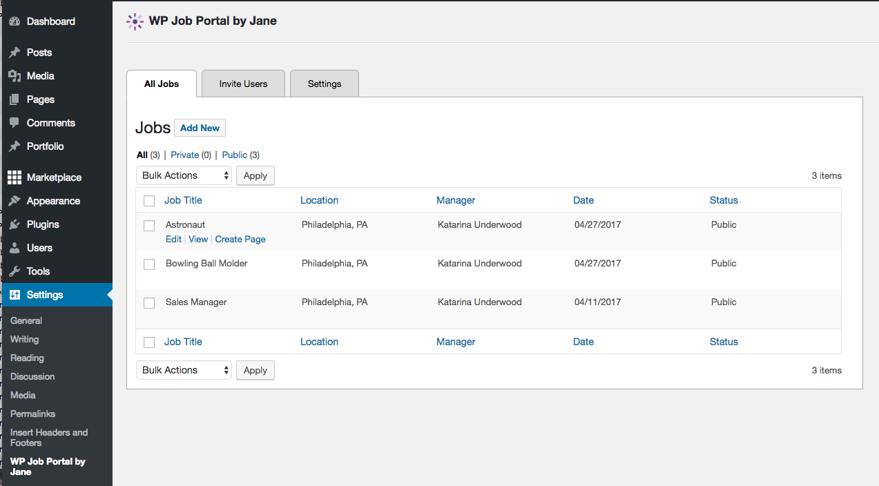 All Jobs listed in admin.