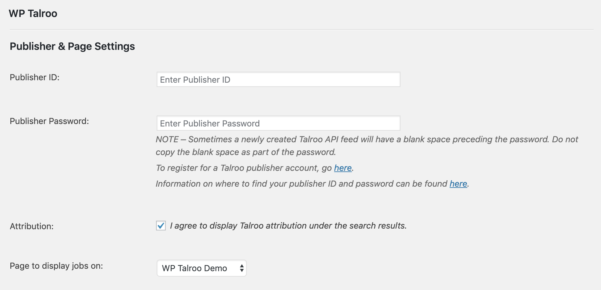 Publisher and page settings