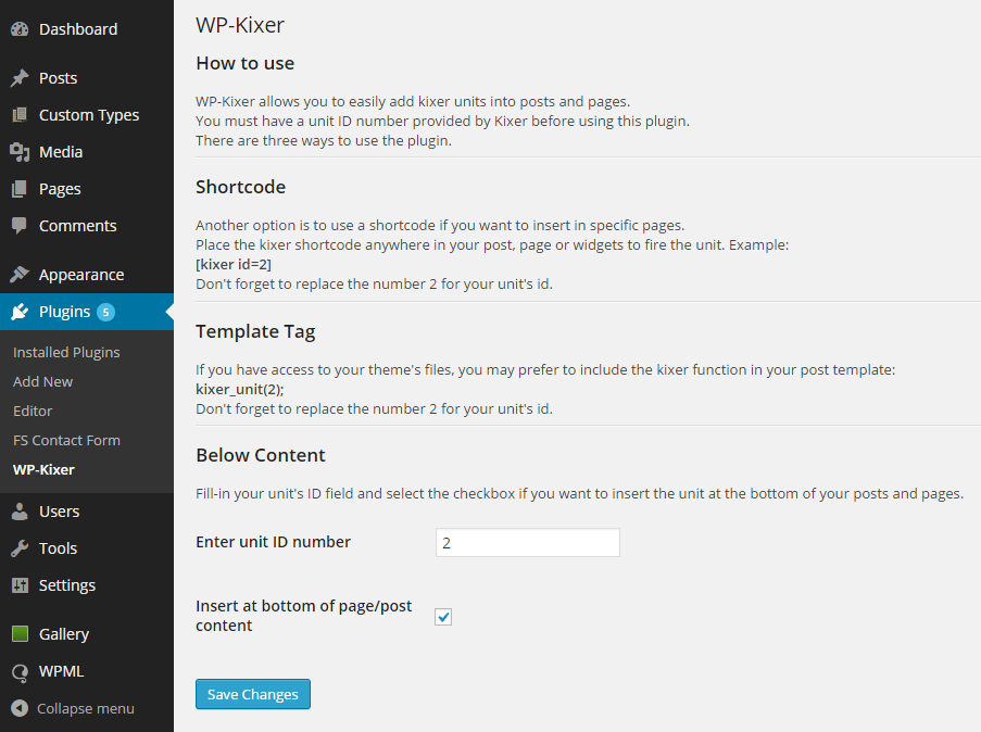 WP-Kixer plugin settings page., screenshot-1.png.