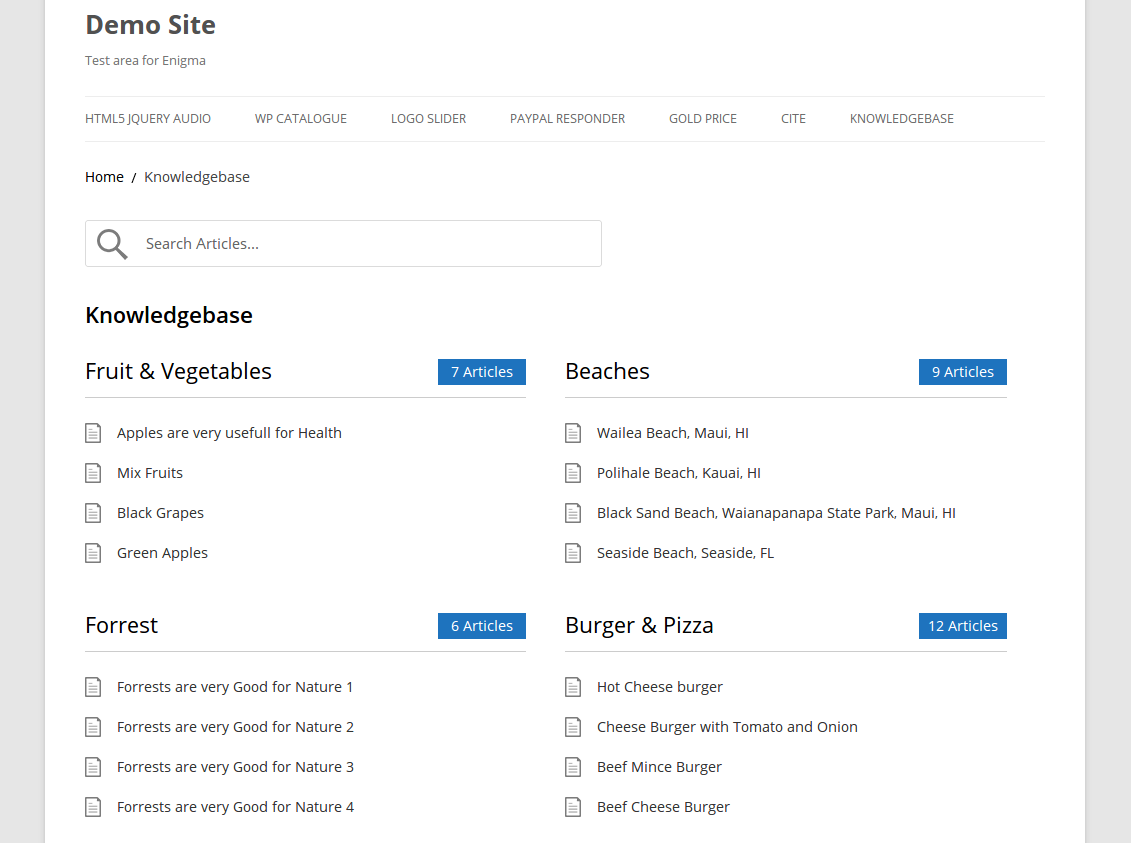 An example of WP Knowledgebase in action, main KB home view
