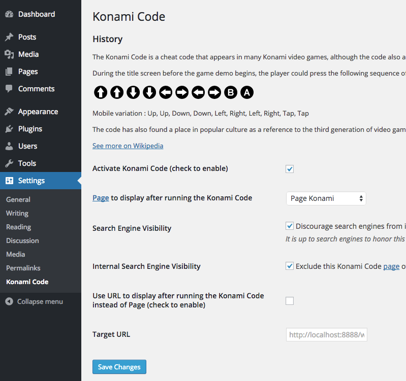 Konami Code Settings panel