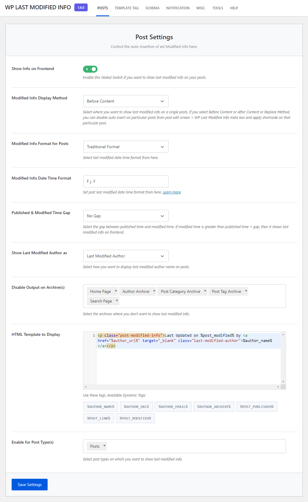 Template Tag Options.