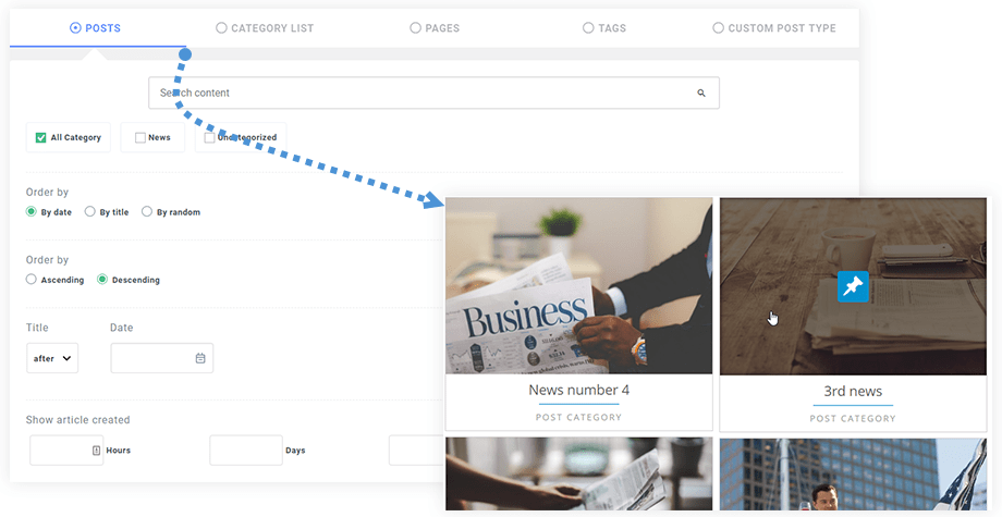 Filter latest content (post, page, custom post type) by category, date, order, type
