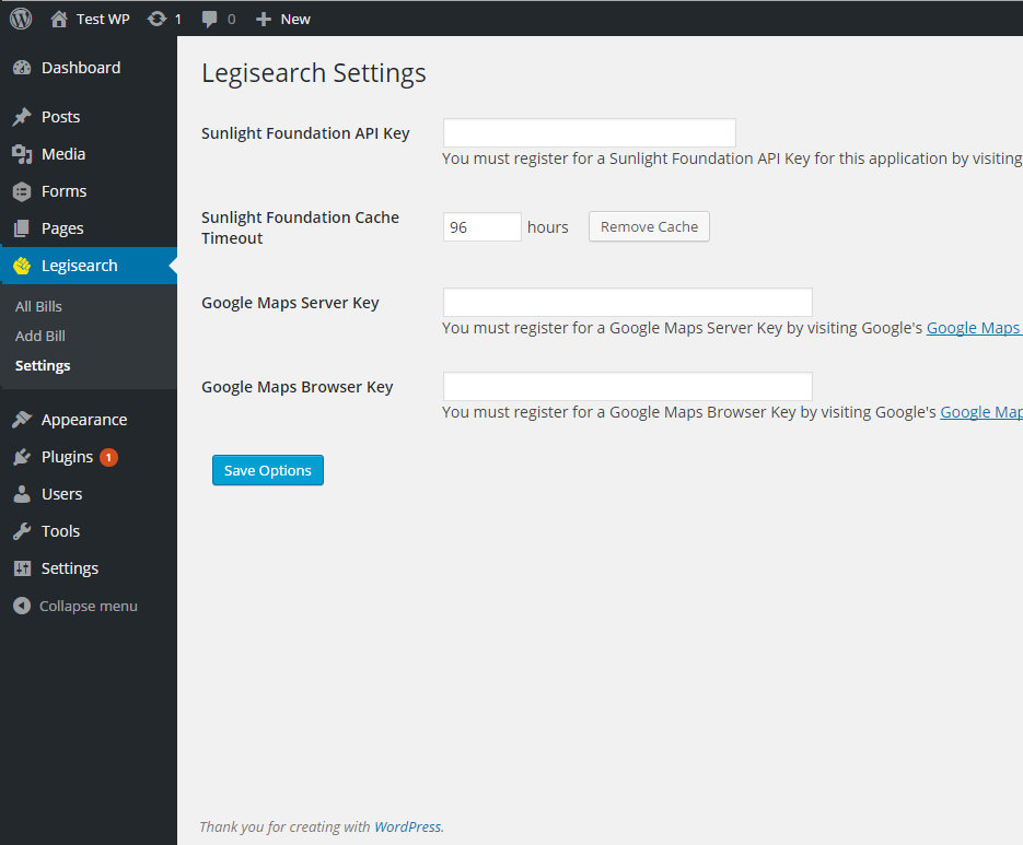 Settings page. You must at least register an Open States API Key (free) in order for this plugin to work properly.