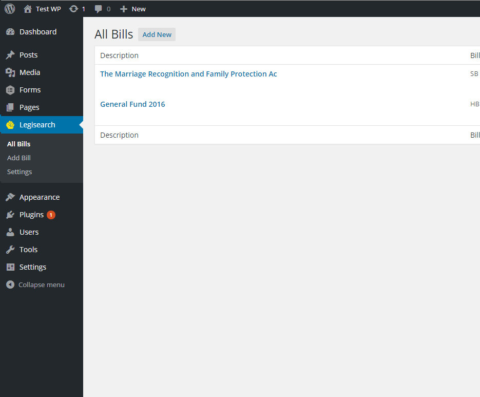 The `All Bills` page shows all legislation you are tracking