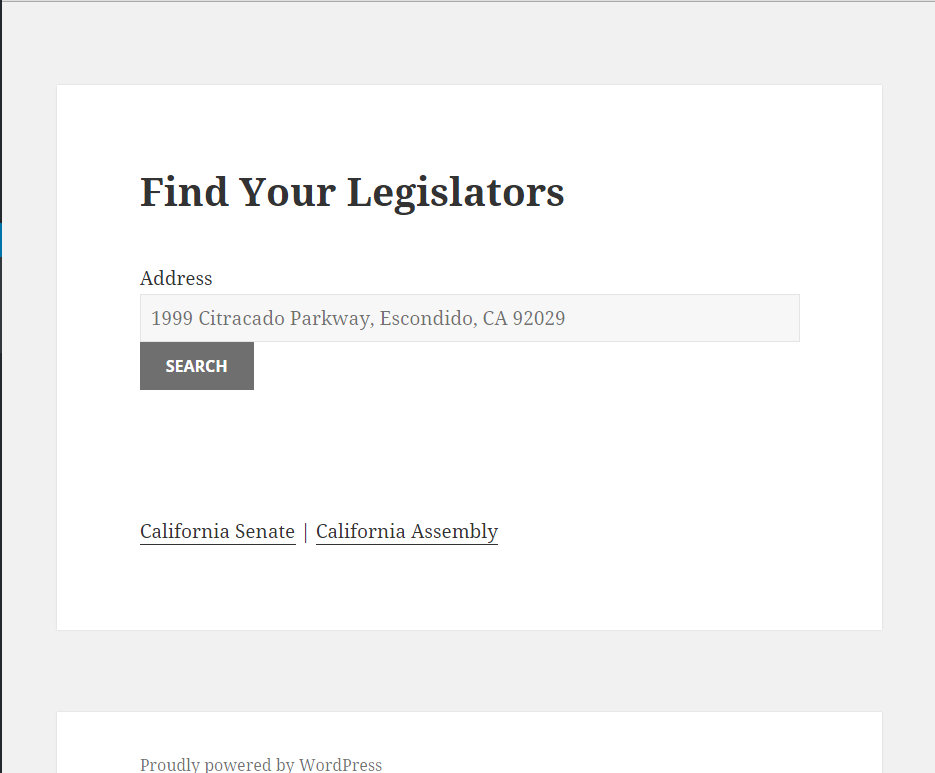 Simple shortcode allows users to find their state legilsators based on address or you can present them links to specific legislators or an entire Senate or State Assembly.