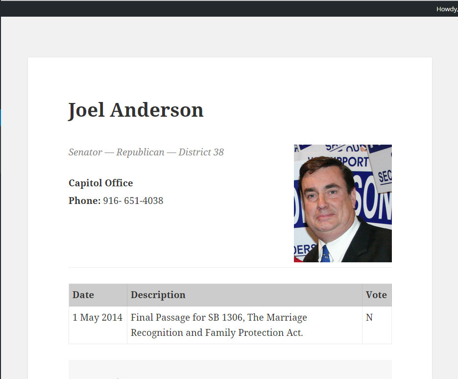 Legislator page showing contct information and voting record for votes you are tracking