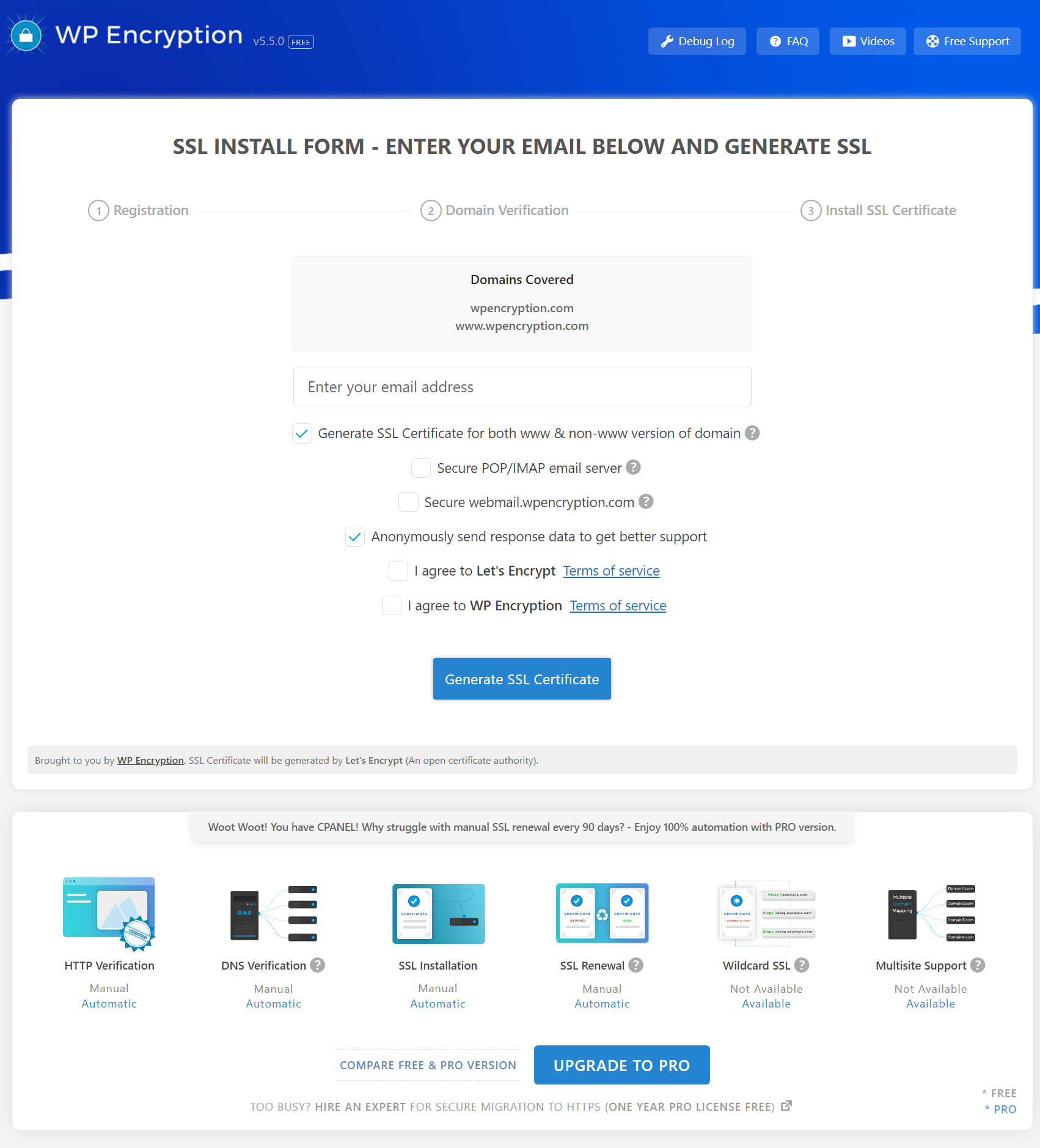 Generate and Install free SSL certificate while Agreeing to TOS