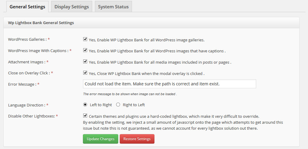 Lightbox Bank General Settings Page